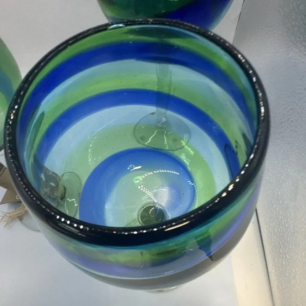 Jan Barboglio Hand Blown Swirl Wine Glasses Set of 3 Blue Green Clear
